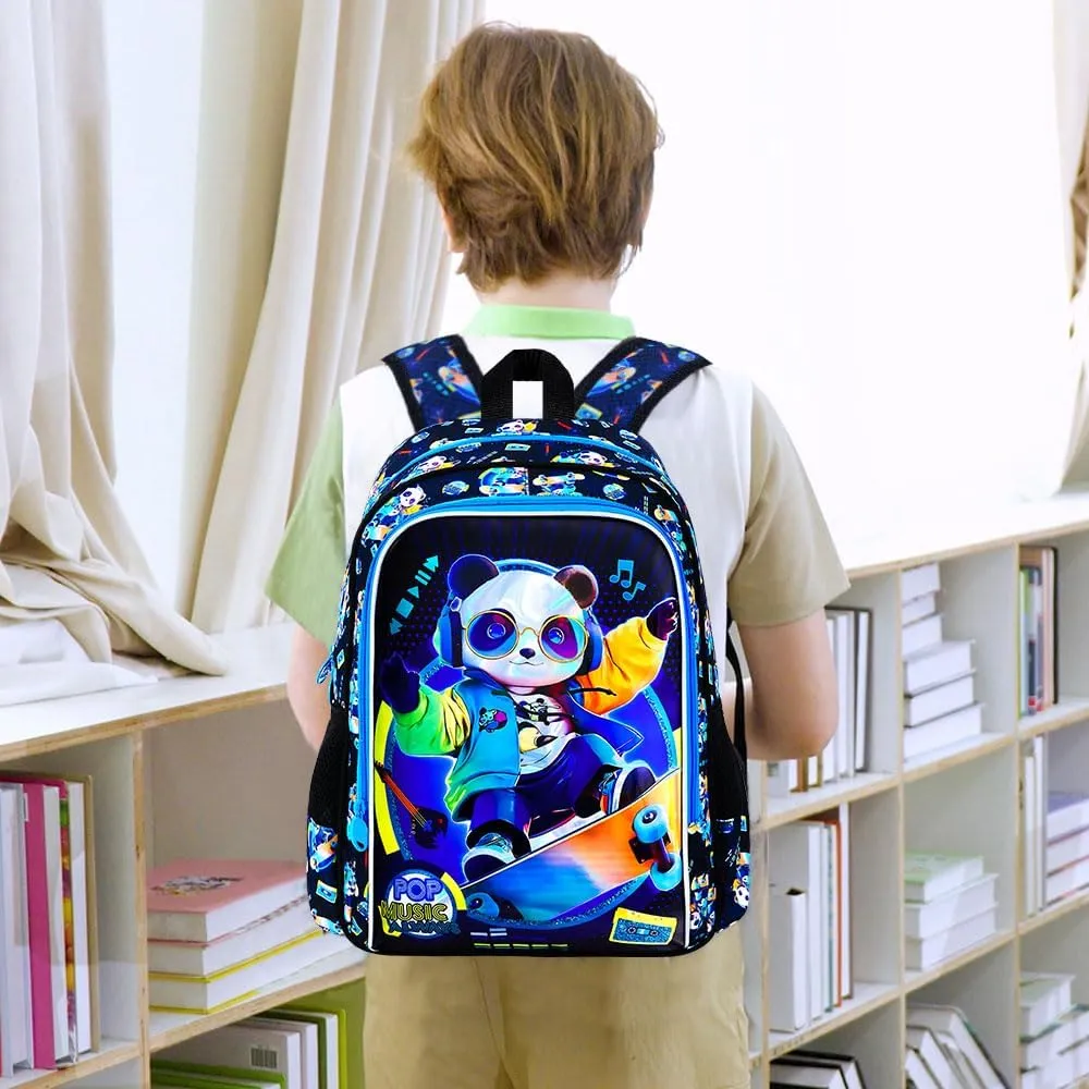 AGSDON 3PCS Kids Backpack for Boys, Panda Bookbag Preschool Kindergarten Elementary Backpacks with Lunch Box for Kids 6-8