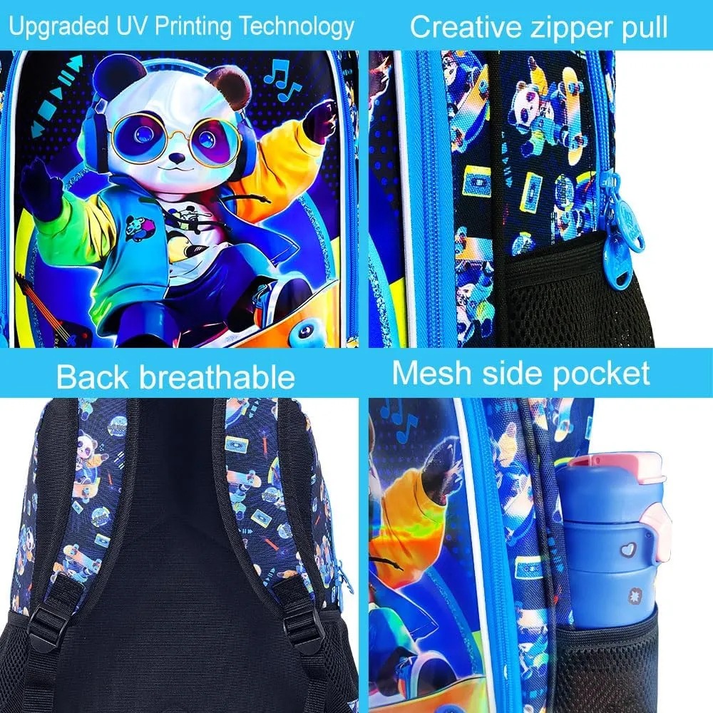 AGSDON 3PCS Kids Backpack for Boys, Panda Bookbag Preschool Kindergarten Elementary Backpacks with Lunch Box for Kids 6-8