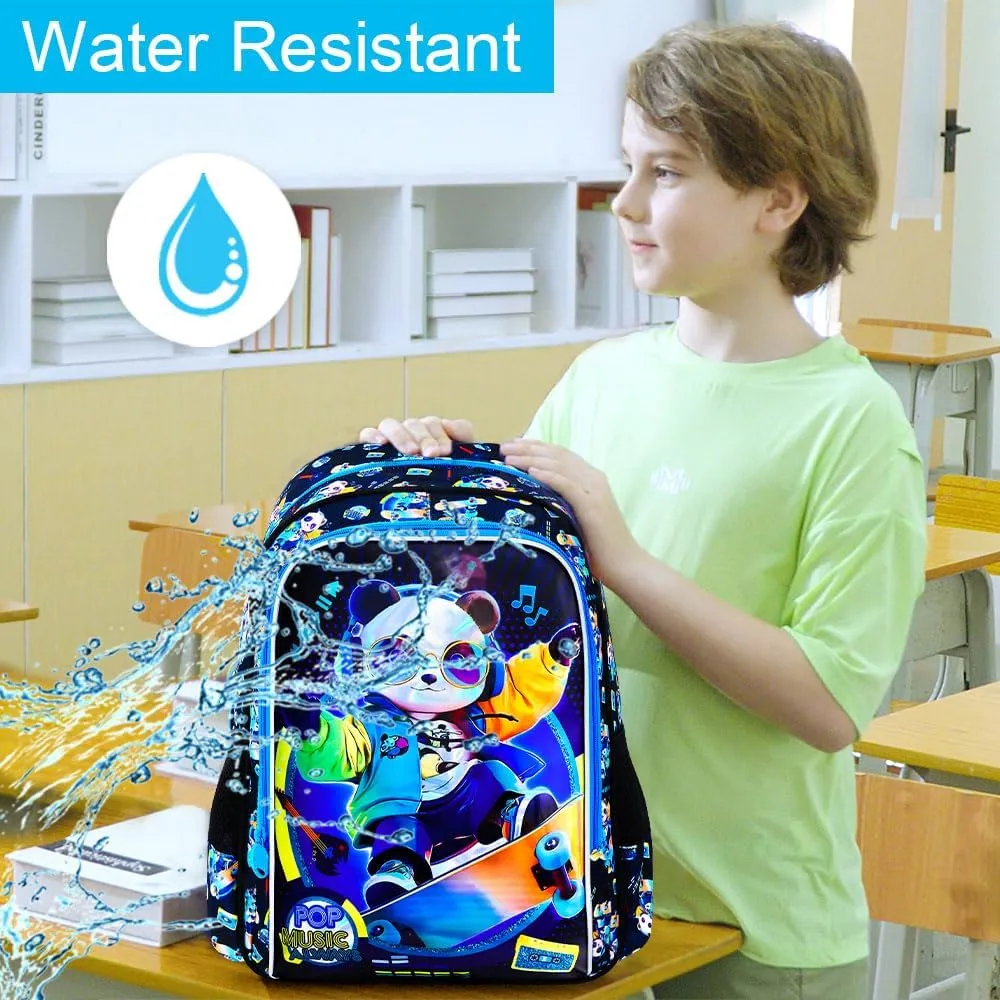 AGSDON 3PCS Kids Backpack for Boys, Panda Bookbag Preschool Kindergarten Elementary Backpacks with Lunch Box for Kids 6-8