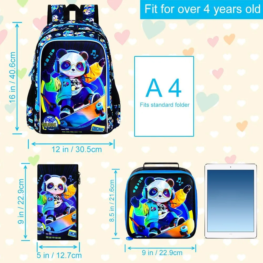 AGSDON 3PCS Kids Backpack for Boys, Panda Bookbag Preschool Kindergarten Elementary Backpacks with Lunch Box for Kids 6-8