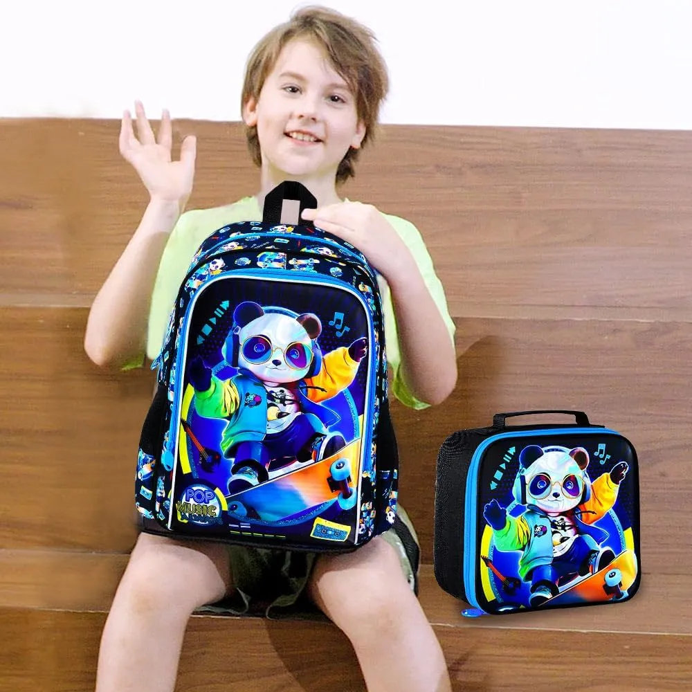 AGSDON 3PCS Kids Backpack for Boys, Panda Bookbag Preschool Kindergarten Elementary Backpacks with Lunch Box for Kids 6-8