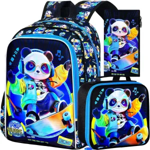 AGSDON 3PCS Kids Backpack for Boys, Panda Bookbag Preschool Kindergarten Elementary Backpacks with Lunch Box for Kids 6-8