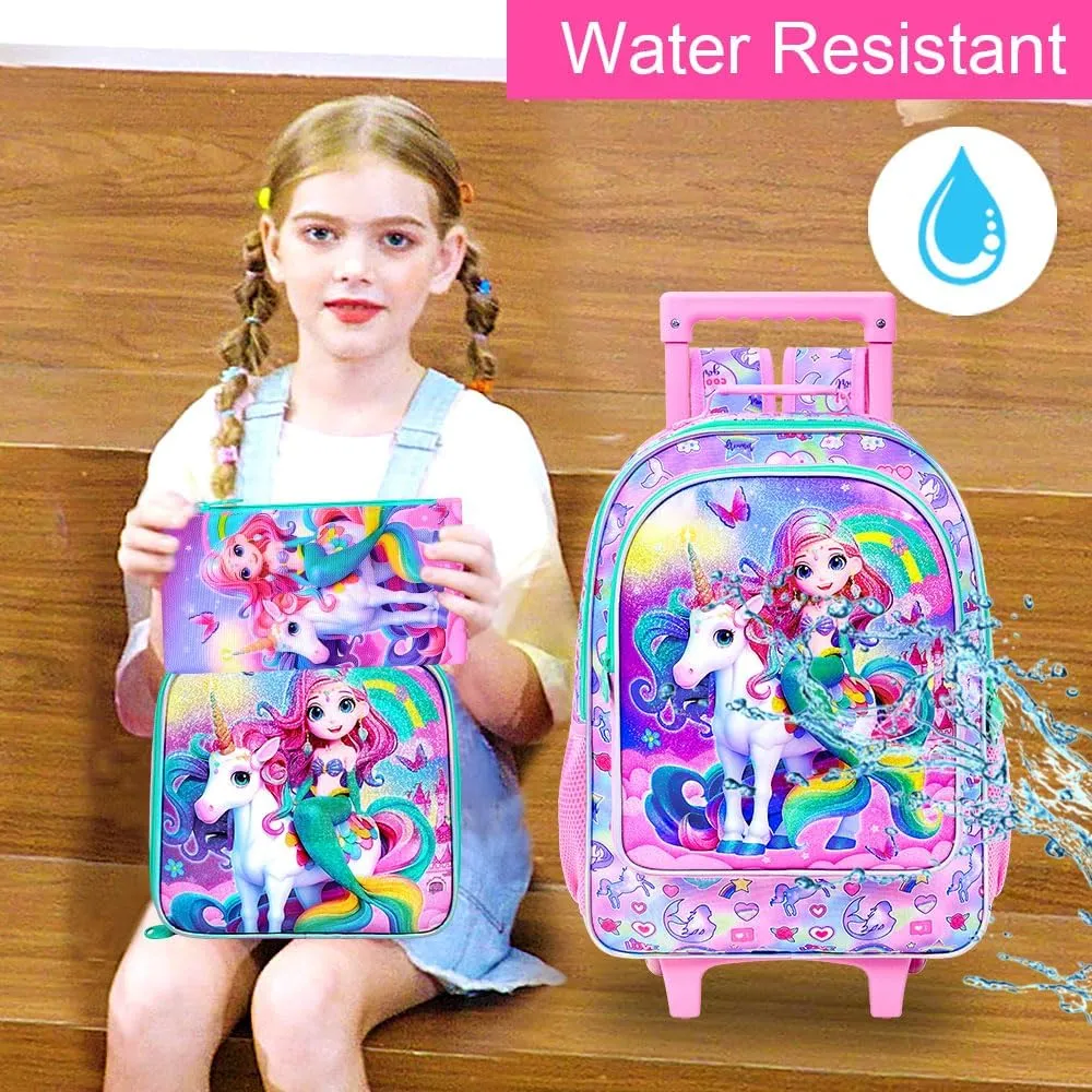 AGSDON 3PCS Kids Rolling Backpack, Girls Roller Wheels Bookbag, Wheeled Elementary School Bag with Lunch Bag - Mermaid