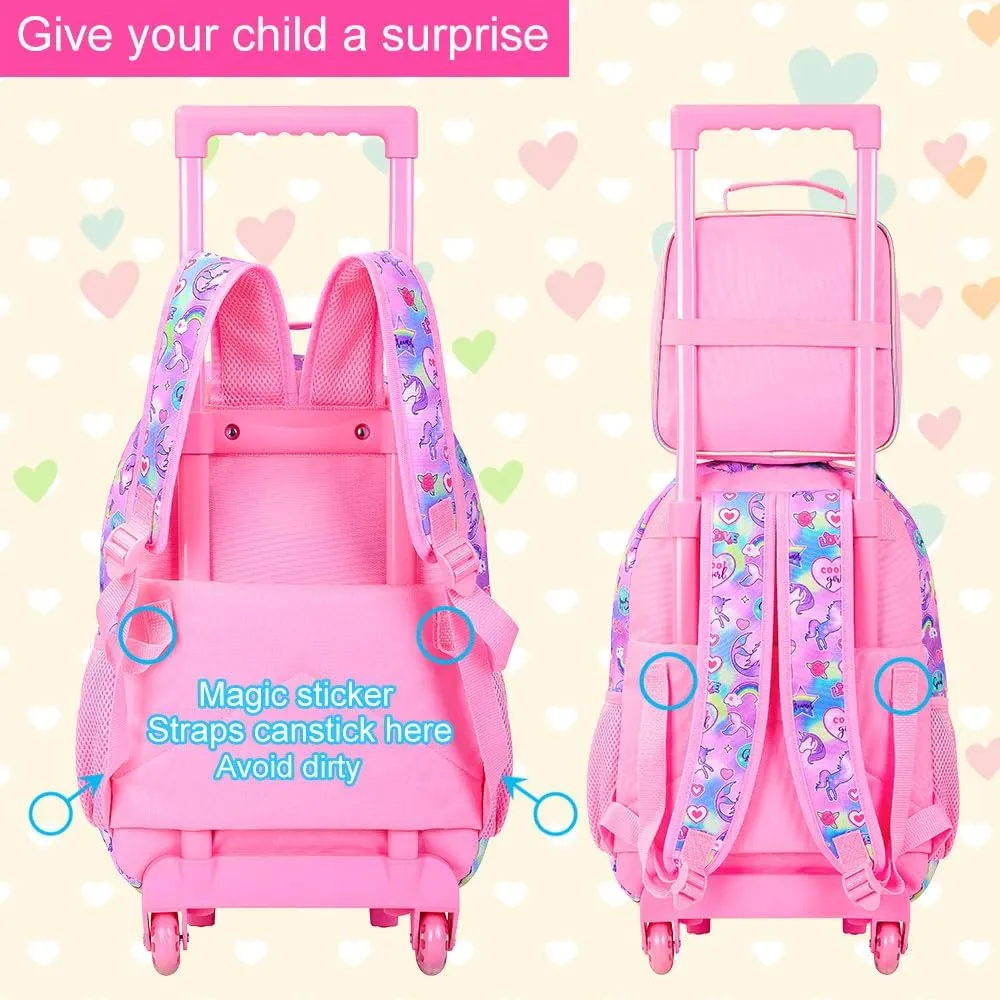 AGSDON 3PCS Kids Rolling Backpack, Girls Roller Wheels Bookbag, Wheeled Elementary School Bag with Lunch Bag - Mermaid
