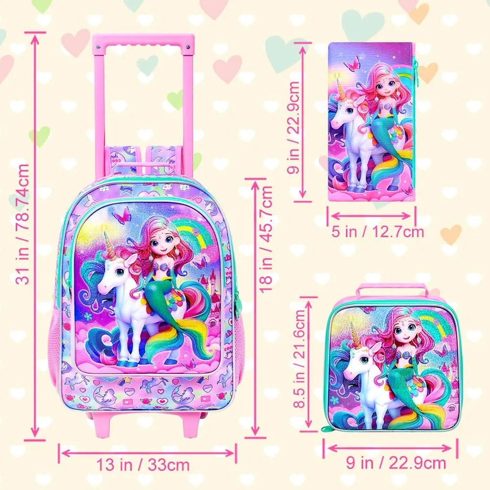 AGSDON 3PCS Kids Rolling Backpack, Girls Roller Wheels Bookbag, Wheeled Elementary School Bag with Lunch Bag - Mermaid