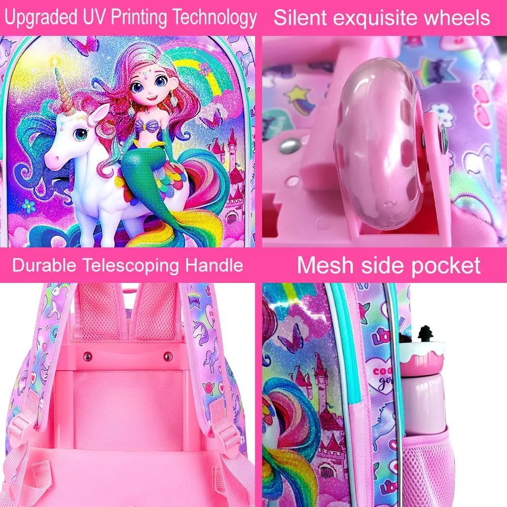 AGSDON 3PCS Kids Rolling Backpack, Girls Roller Wheels Bookbag, Wheeled Elementary School Bag with Lunch Bag - Mermaid