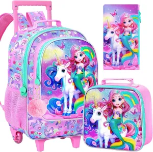 AGSDON 3PCS Kids Rolling Backpack, Girls Roller Wheels Bookbag, Wheeled Elementary School Bag with Lunch Bag - Mermaid