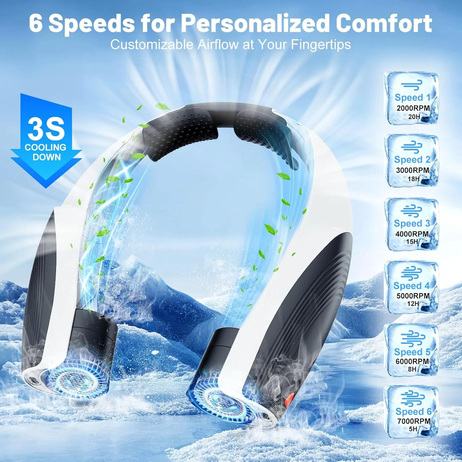 AI Portable Neck Fan with 6 Powerful Speeds, 8000mAh Battery Operated USB-C Rechargeable Fan, Hands-Free 360° Cooling Neck Fan,Twistable,Ultra-Quiet Personal Fan for Women Men Travel(Black-White)