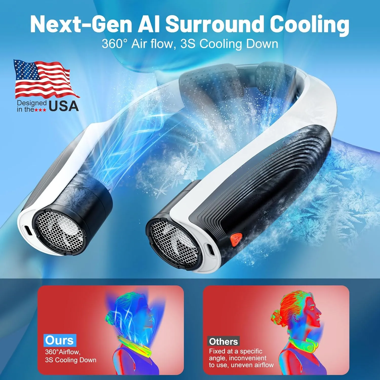 AI Portable Neck Fan with 6 Powerful Speeds, 8000mAh Battery Operated USB-C Rechargeable Fan, Hands-Free 360° Cooling Neck Fan,Twistable,Ultra-Quiet Personal Fan for Women Men Travel(Black-White)