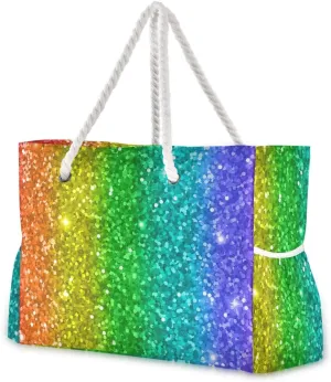 ALAZA Beach Bag, Rainbow Glitter Shoulder Beach Tote with Cotton Rope Handles