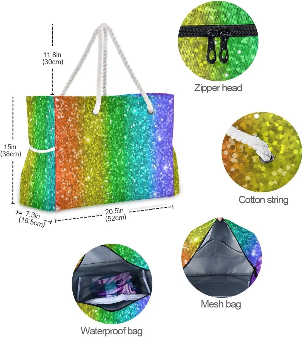 ALAZA Beach Bag, Rainbow Glitter Shoulder Beach Tote with Cotton Rope Handles