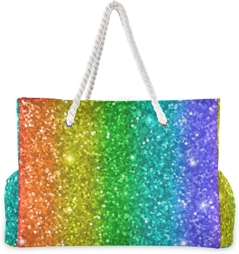 ALAZA Beach Bag, Rainbow Glitter Shoulder Beach Tote with Cotton Rope Handles