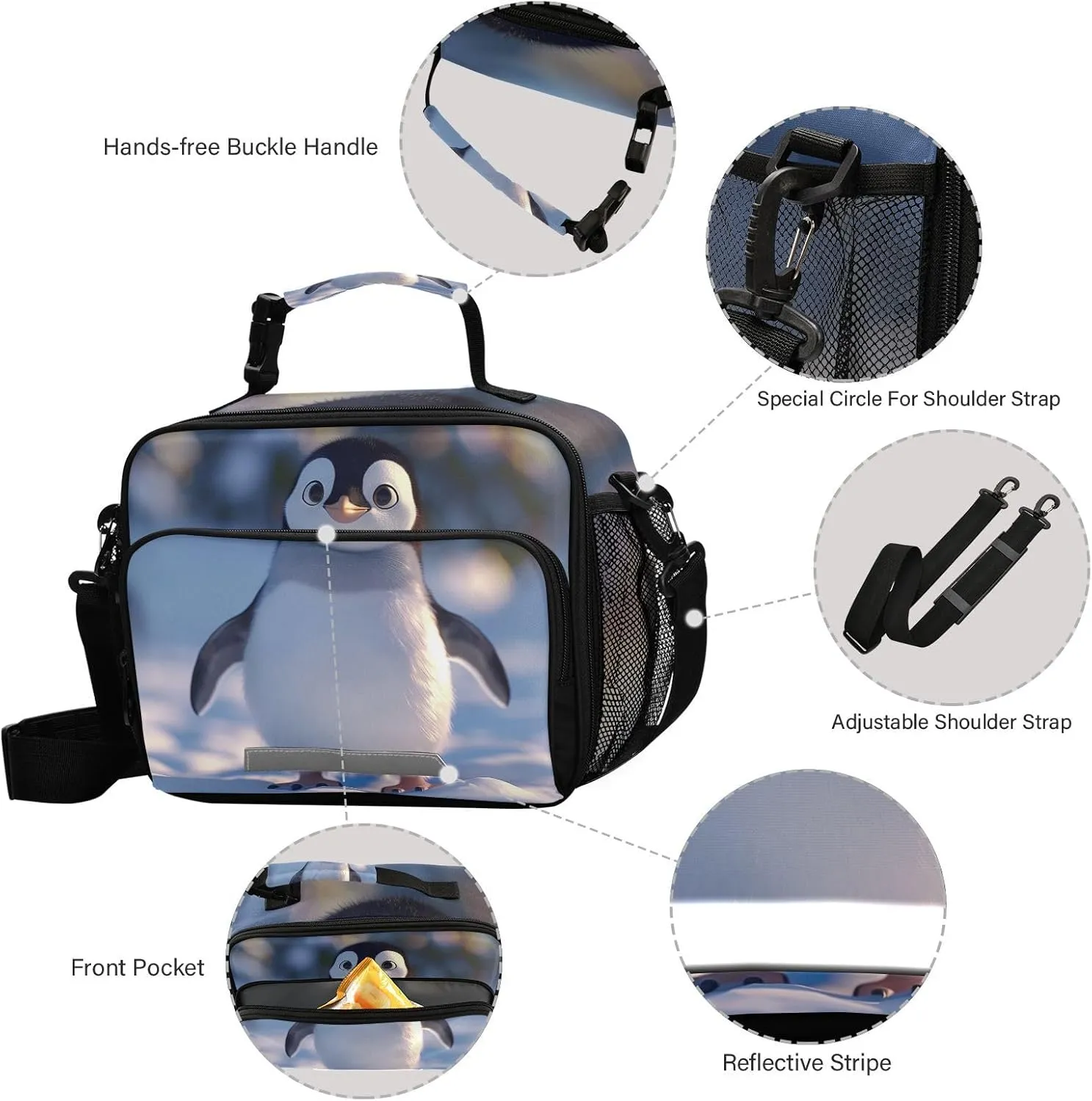 ALAZA Cute Penguin Kids Lunch Box Lunchbox Insulated Reusable Meal Container Lunch Bag with Shoulder Strap for School Girls Boys