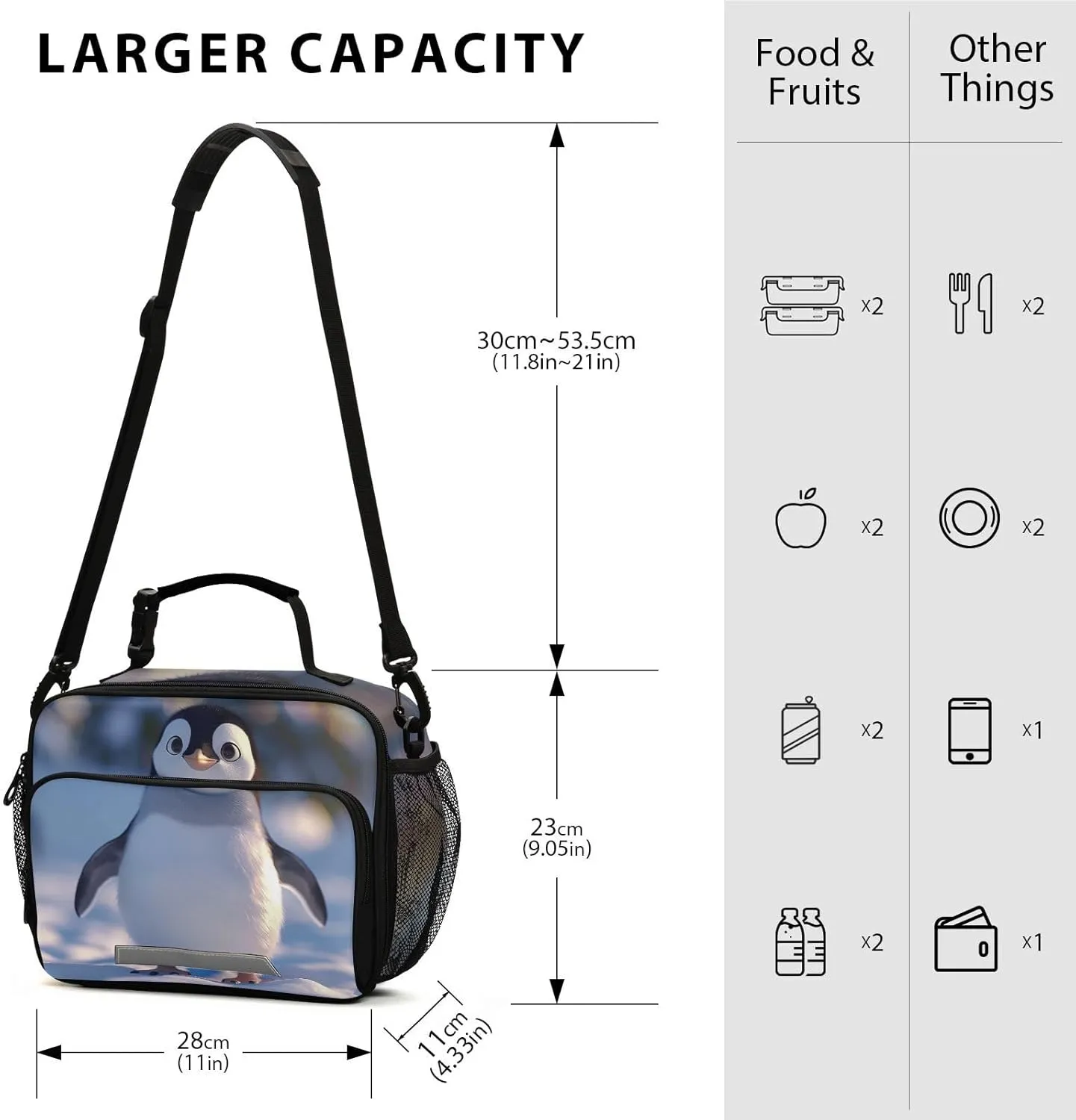 ALAZA Cute Penguin Kids Lunch Box Lunchbox Insulated Reusable Meal Container Lunch Bag with Shoulder Strap for School Girls Boys