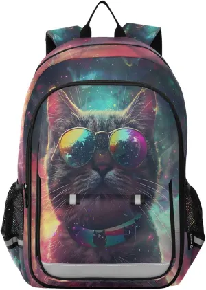 ALAZA Cute Surreal Space Cat with Mirror Shades Realism High Contrast High Detail Rainbow Colors School Backpacks Travel Laptop Bag Kids Bookbag for Girls Boys Teens Women Men