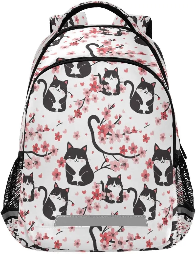 ALAZA Japanese Cat Kitten Cherry Blossom Flower Backpack College School Shoulder Laptop Bag Daypack Bookbag for Teen Girls Boys