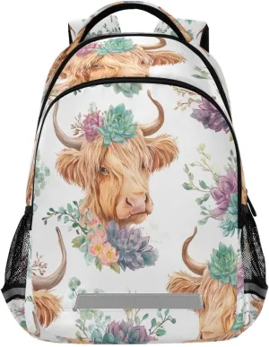 ALAZA Kids Backpack for Boys Girls,Highland Cattle Succulent School Backpack Preschool Elementary Kindergarten School Bag Bookbag Travel Laptop Bag Casual Daypack