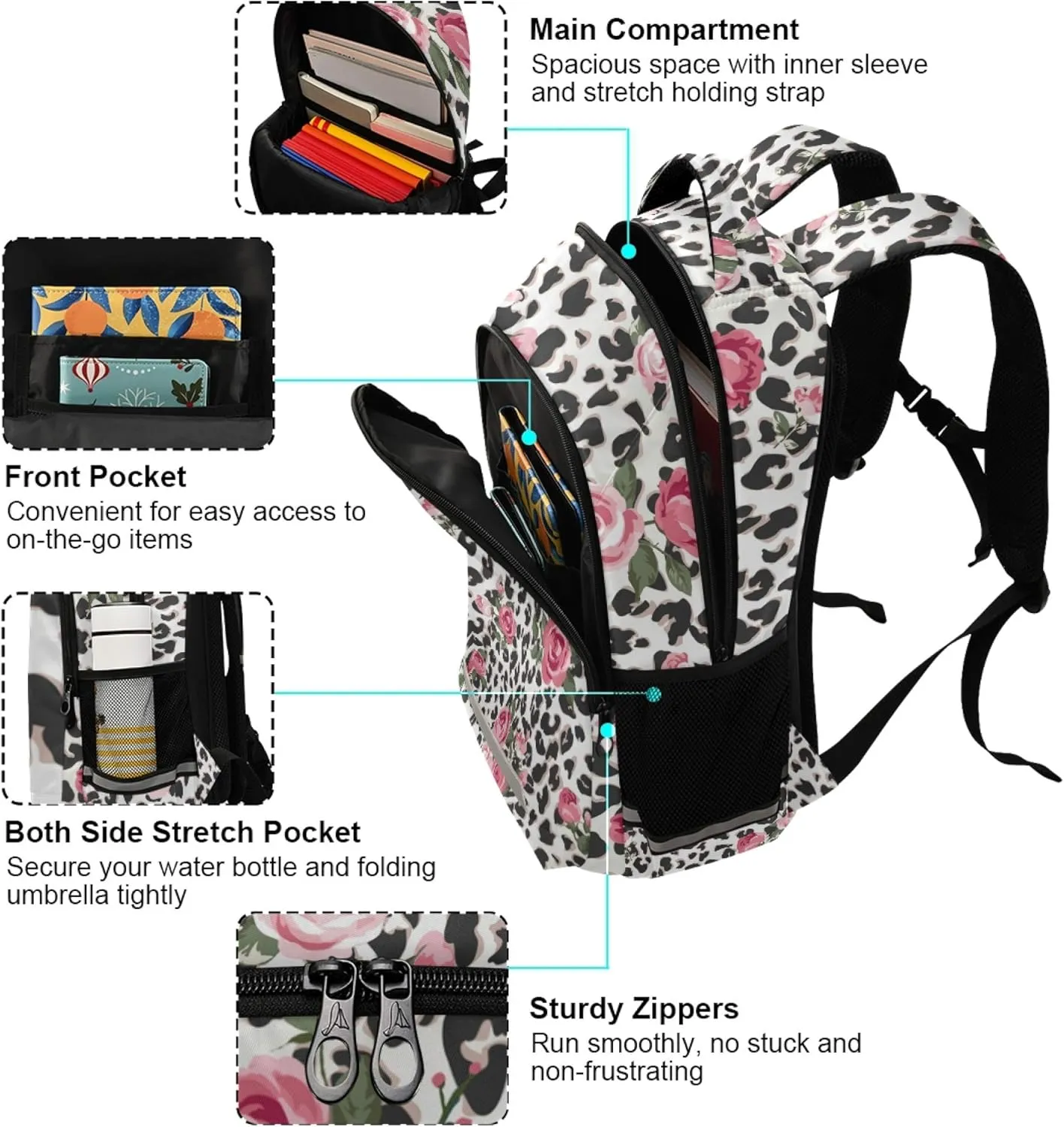 ALAZA Pink Rose Flower Leopard Cheetah Print Backpack Purse for Women Men Personalized Laptop Notebook Tablet School Bag Stylish Casual Daypack, 13 14 15.6 inch