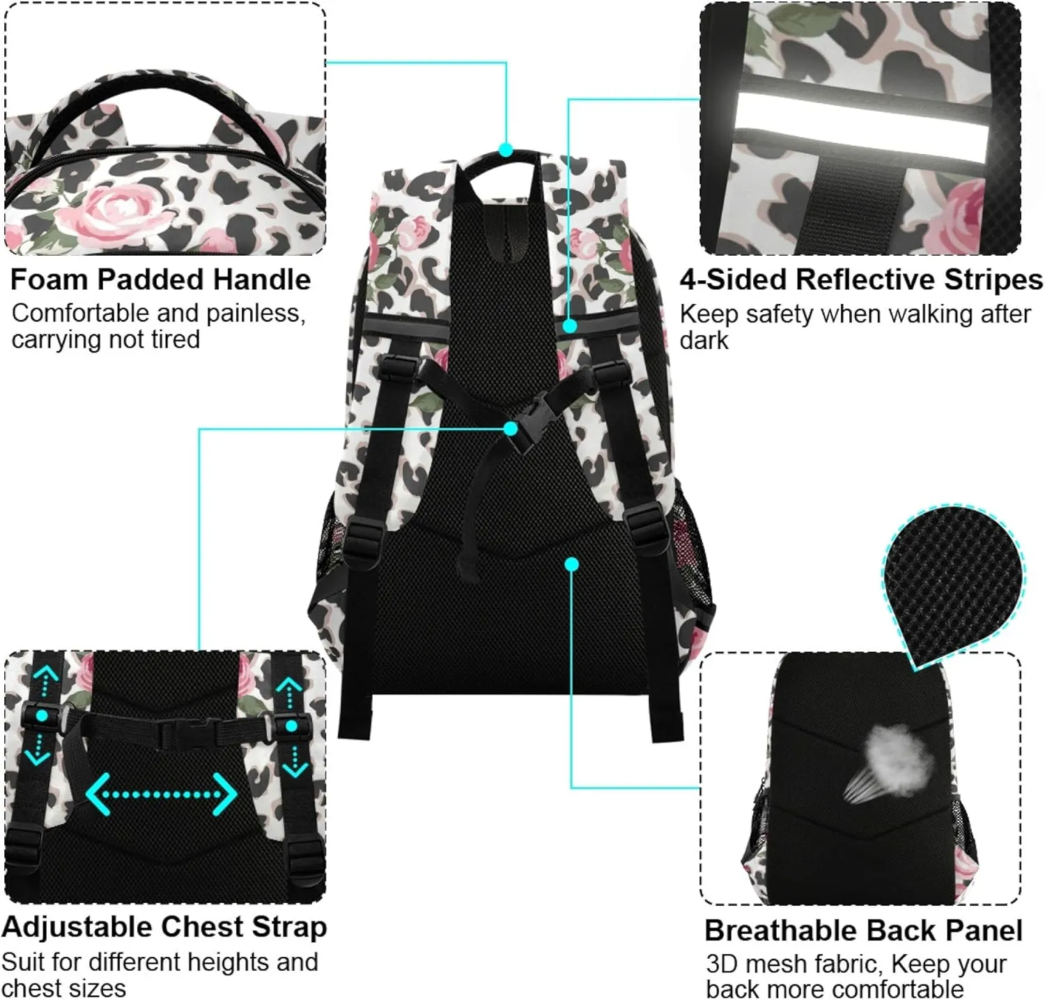 ALAZA Pink Rose Flower Leopard Cheetah Print Backpack Purse for Women Men Personalized Laptop Notebook Tablet School Bag Stylish Casual Daypack, 13 14 15.6 inch