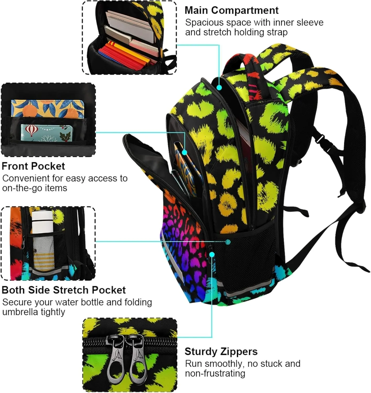 ALAZA Rainbow Leopard Cheetah Print Animal Backpack Purse for Women Men Personalized Laptop Notebook Tablet School Bag Stylish Casual Daypack, 13 14 15.6 inch