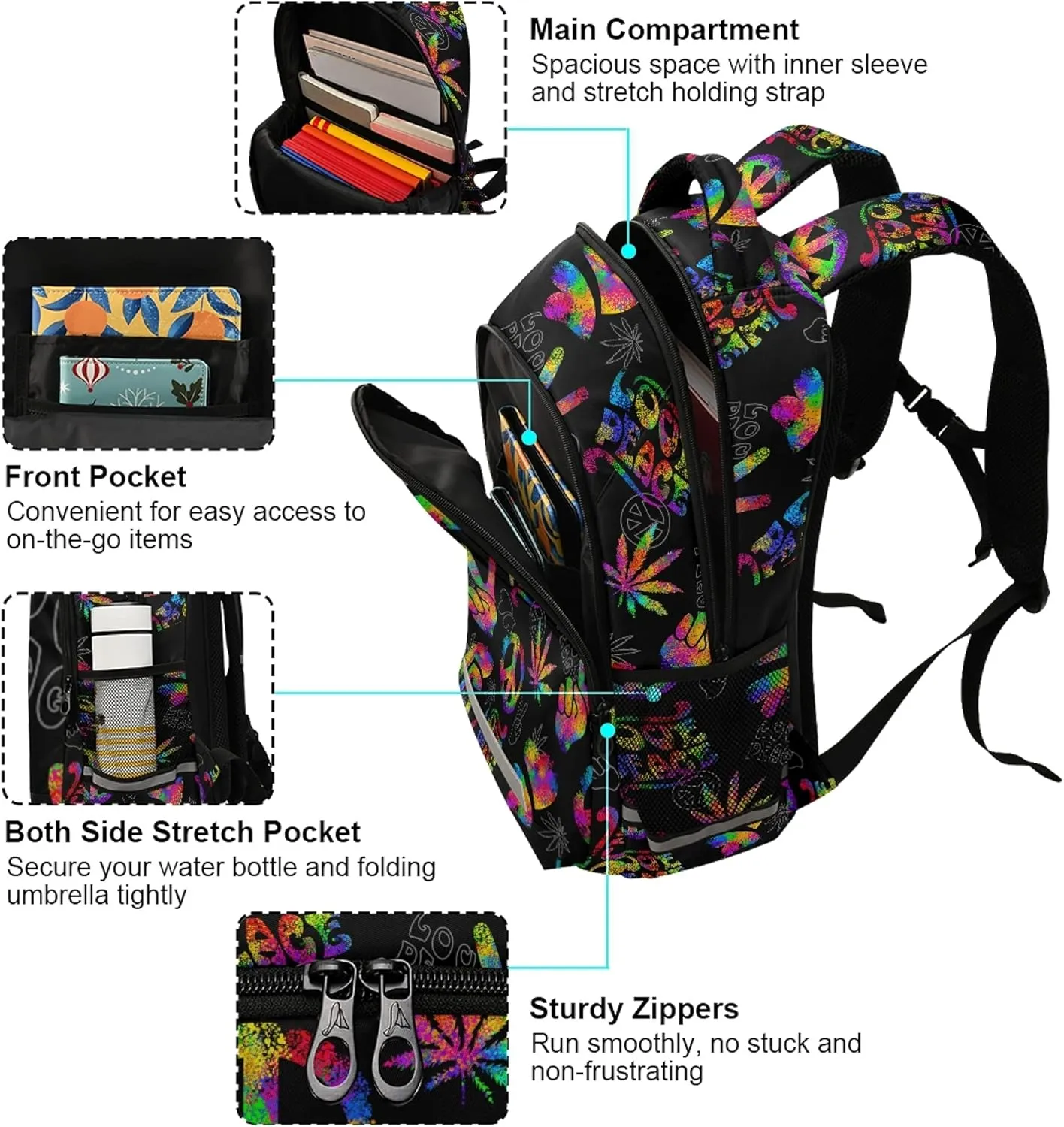 ALAZA Rainbow Peace Love Sign Gesture Backpack Purse for Women Men Personalized Laptop Notebook Tablet School Bag Stylish Casual Daypack, 13 14 15.6 inch