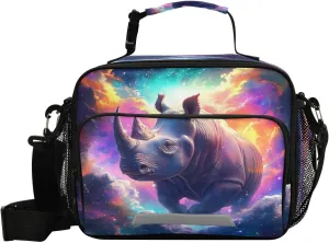 ALAZA Rhinoceros Colorful Nebula Kids Lunch Box, Girls Boys Lunchbox Insulated Reusable Meal Container Lunch Bag with Shoulder Strap