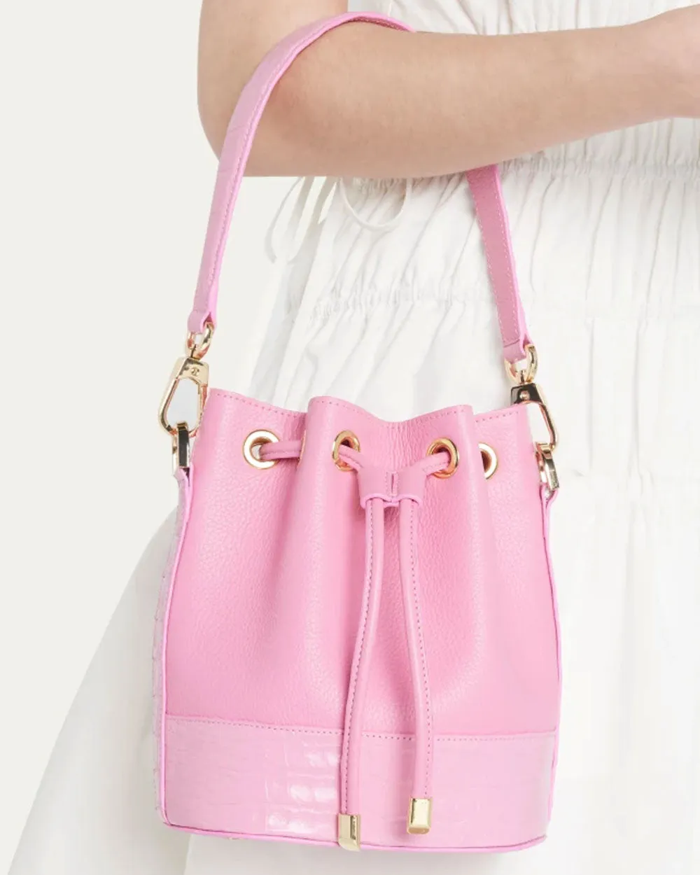 Alessia Crocodile and Leather Bucket Bag in Pink