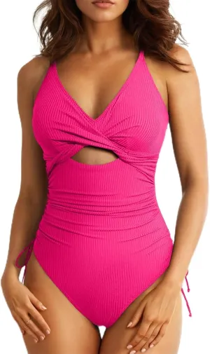 Aleumdr Women's Ribbed One Piece Swimsuit Tummy Control High Cut Bathing Suit Sexy V Neck Criss Cross Monikini