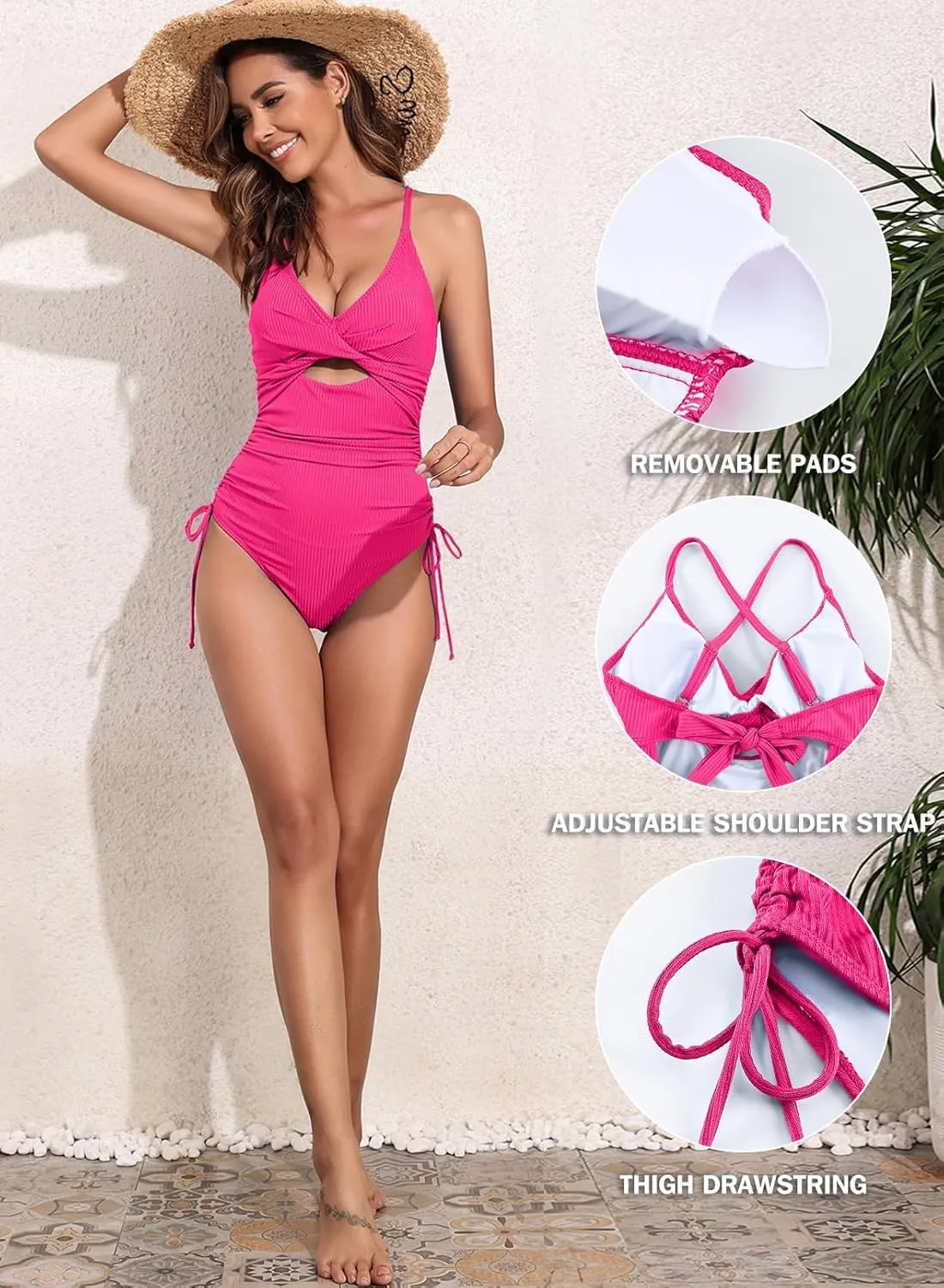 Aleumdr Women's Ribbed One Piece Swimsuit Tummy Control High Cut Bathing Suit Sexy V Neck Criss Cross Monikini