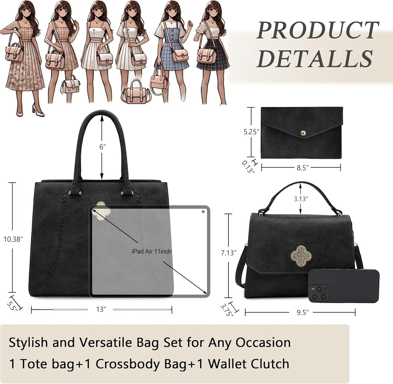 ALYSSA Tote Bag for Women Medium Crossbody Purse Shoulder Bag Top Handle Satchel Cute Wallet 3Pcs Handbags Set Gift