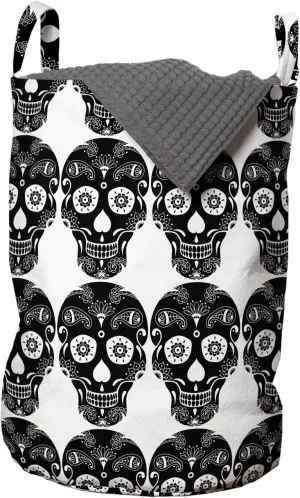 Ambesonne Carnival Laundry Bag, Ornamental Skull Illustrations with Floral Details Day of The Dead Theme, Hamper Basket with Handles Drawstring Closure for Laundromats, 13" x 19", Charcoal Grey White