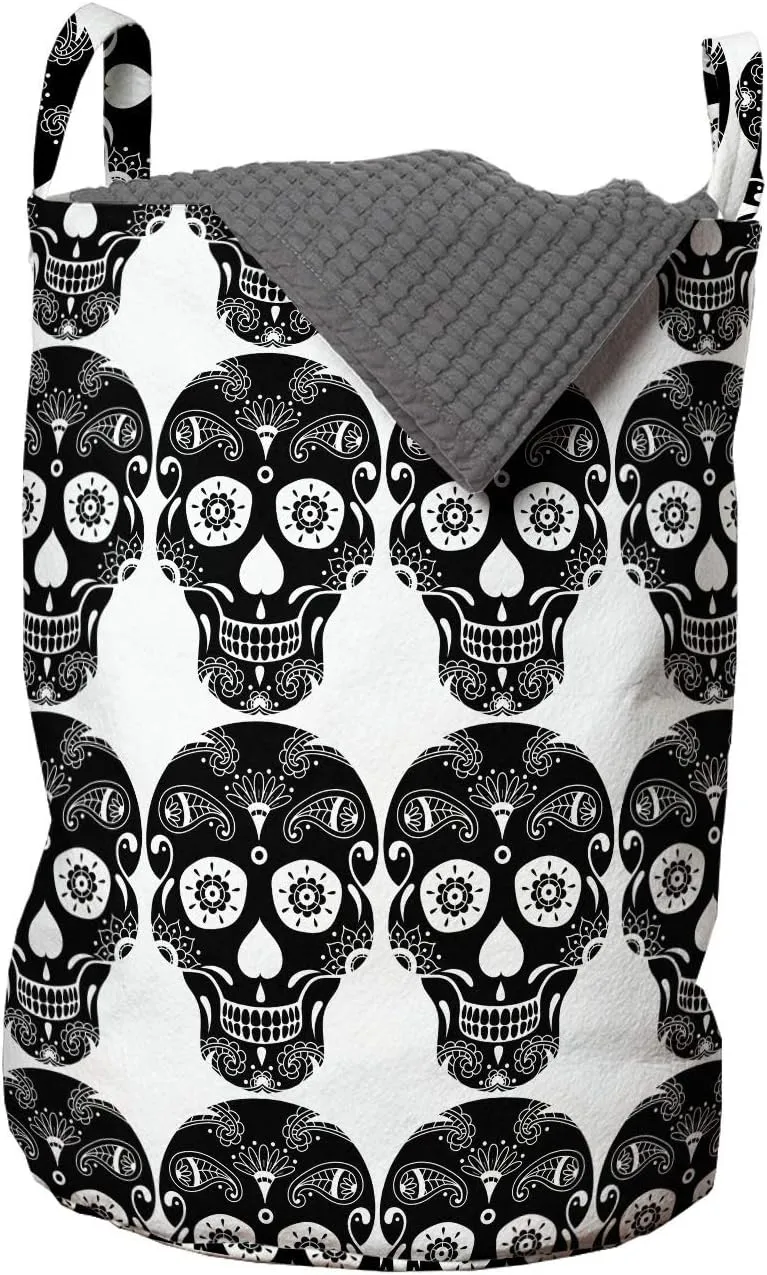 Ambesonne Carnival Laundry Bag, Ornamental Skull Illustrations with Floral Details Day of The Dead Theme, Hamper Basket with Handles Drawstring Closure for Laundromats, 13" x 19", Charcoal Grey White