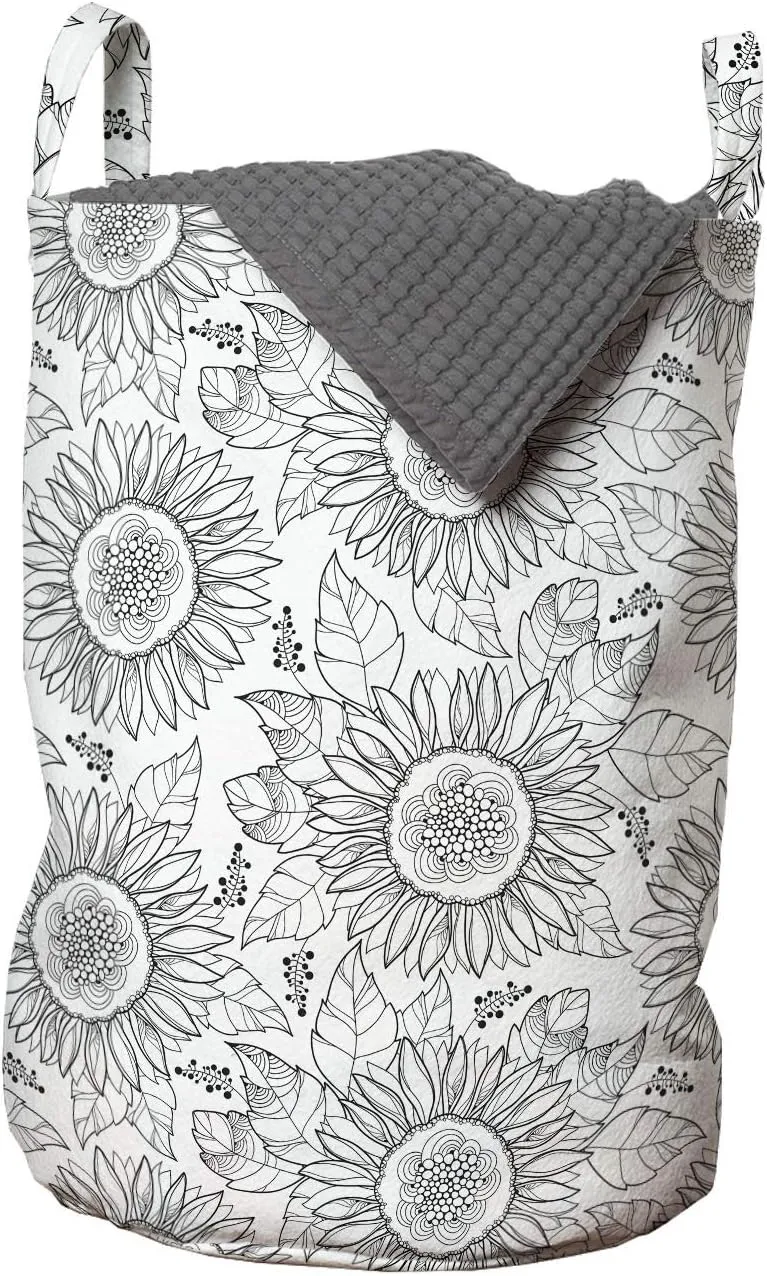 Ambesonne Floral Laundry Bag, Pencil Drawn Sketchy Sunflower or Helianthus Flower Interpretations, Hamper Basket with Handles Drawstring Closure for Laundromats, 13" x 19", Charcoal Grey and White