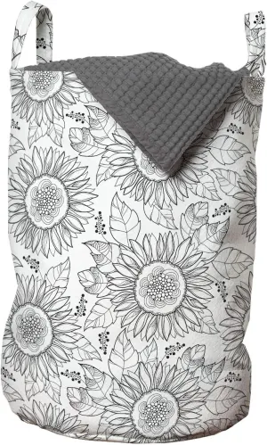 Ambesonne Floral Laundry Bag, Pencil Drawn Sketchy Sunflower or Helianthus Flower Interpretations, Hamper Basket with Handles Drawstring Closure for Laundromats, 13" x 19", Charcoal Grey and White
