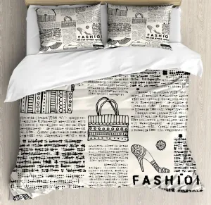 Ambesonne Old Newspaper Duvet Cover Sets, Vintage Fashion Themed Shoes Handbag Purses with Ornate Details Retro, Bedding Set with 2 Duvet Covers & 4 Pillowcases, 2 Pack King Size, Black Cream