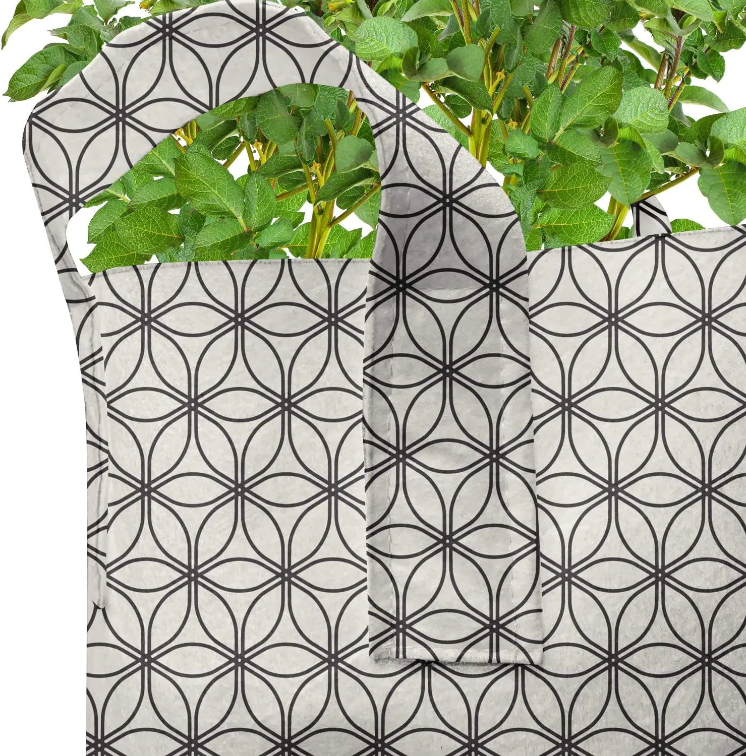 Ambesonne Sacred Geometry Grow Bags 5-Pack, Trellis Circles Art, Heavyduty Fabric Pots with Handles for Plants, Eggshell and Charcoal Grey