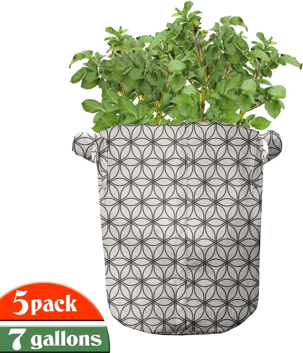 Ambesonne Sacred Geometry Grow Bags 5-Pack, Trellis Circles Art, Heavyduty Fabric Pots with Handles for Plants, Eggshell and Charcoal Grey