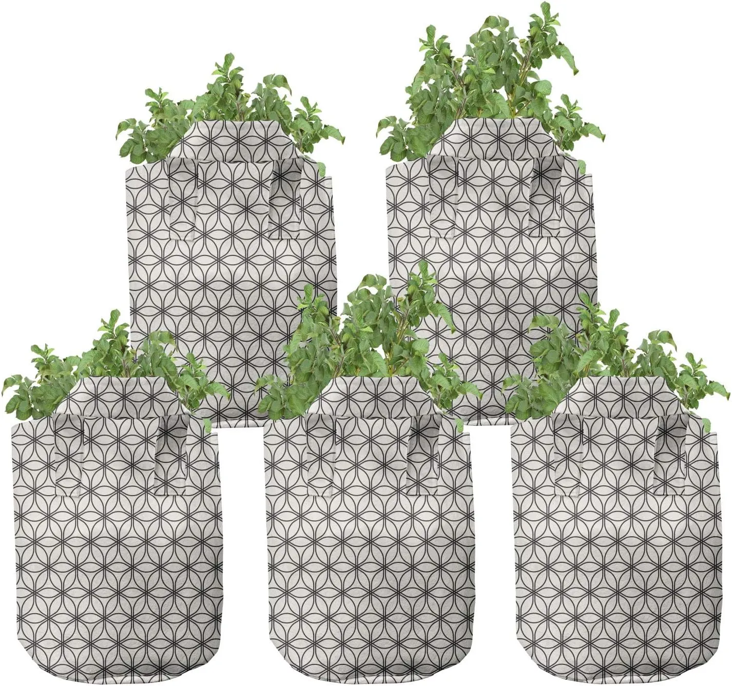 Ambesonne Sacred Geometry Grow Bags 5-Pack, Trellis Circles Art, Heavyduty Fabric Pots with Handles for Plants, Eggshell and Charcoal Grey