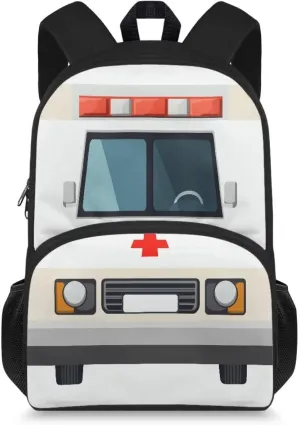 Ambulance Pattern School Backpack Lightweight Bookbag Waterproof Casual Daypack Travel Work Bag For Teenagers College Girls Boys (White)