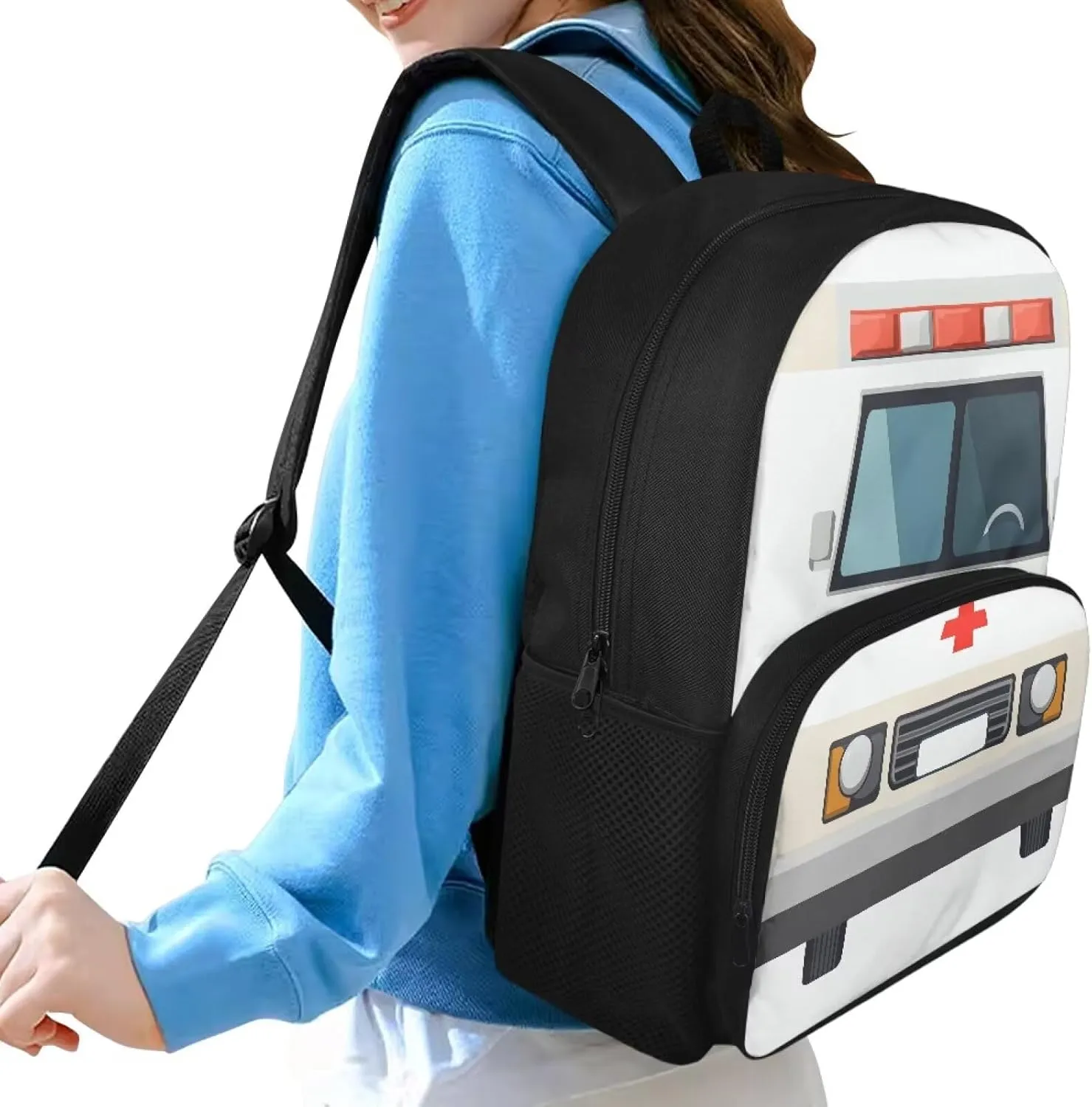 Ambulance Pattern School Backpack Lightweight Bookbag Waterproof Casual Daypack Travel Work Bag For Teenagers College Girls Boys (White)