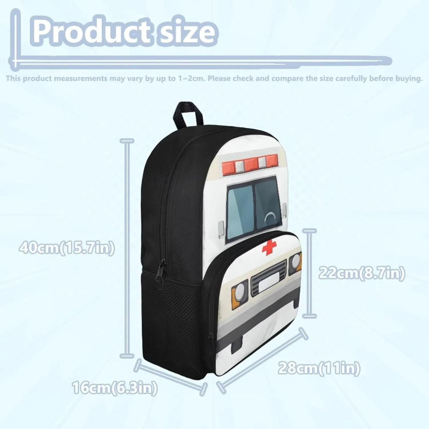 Ambulance Pattern School Backpack Lightweight Bookbag Waterproof Casual Daypack Travel Work Bag For Teenagers College Girls Boys (White)