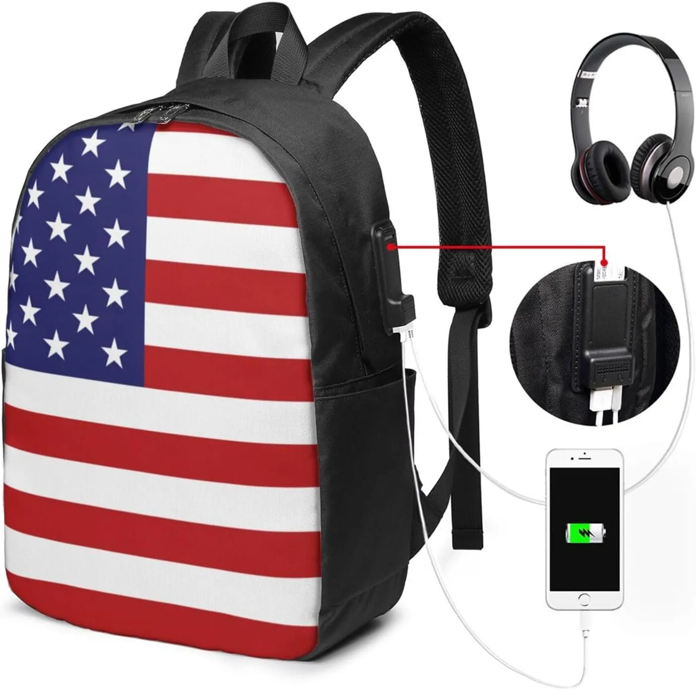 American flag Backpack, 17 Inch Travel Business Laptop Backpack With USB Port for Women Men
