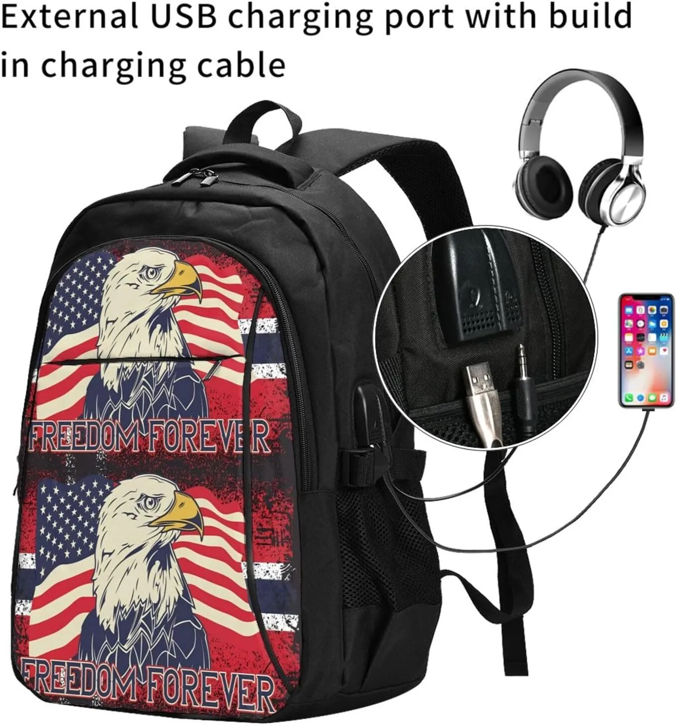 American Flag Eagle Freedom Forever Travel Backpack Laptop Backpacks Business Rucksack Outdoor Daypack Large Sport Bag with Luggage Strap USB Charging Port for Hiking Working