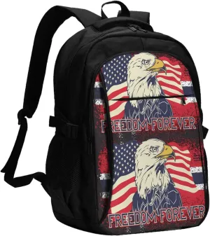 American Flag Eagle Freedom Forever Travel Backpack Laptop Backpacks Business Rucksack Outdoor Daypack Large Sport Bag with Luggage Strap USB Charging Port for Hiking Working