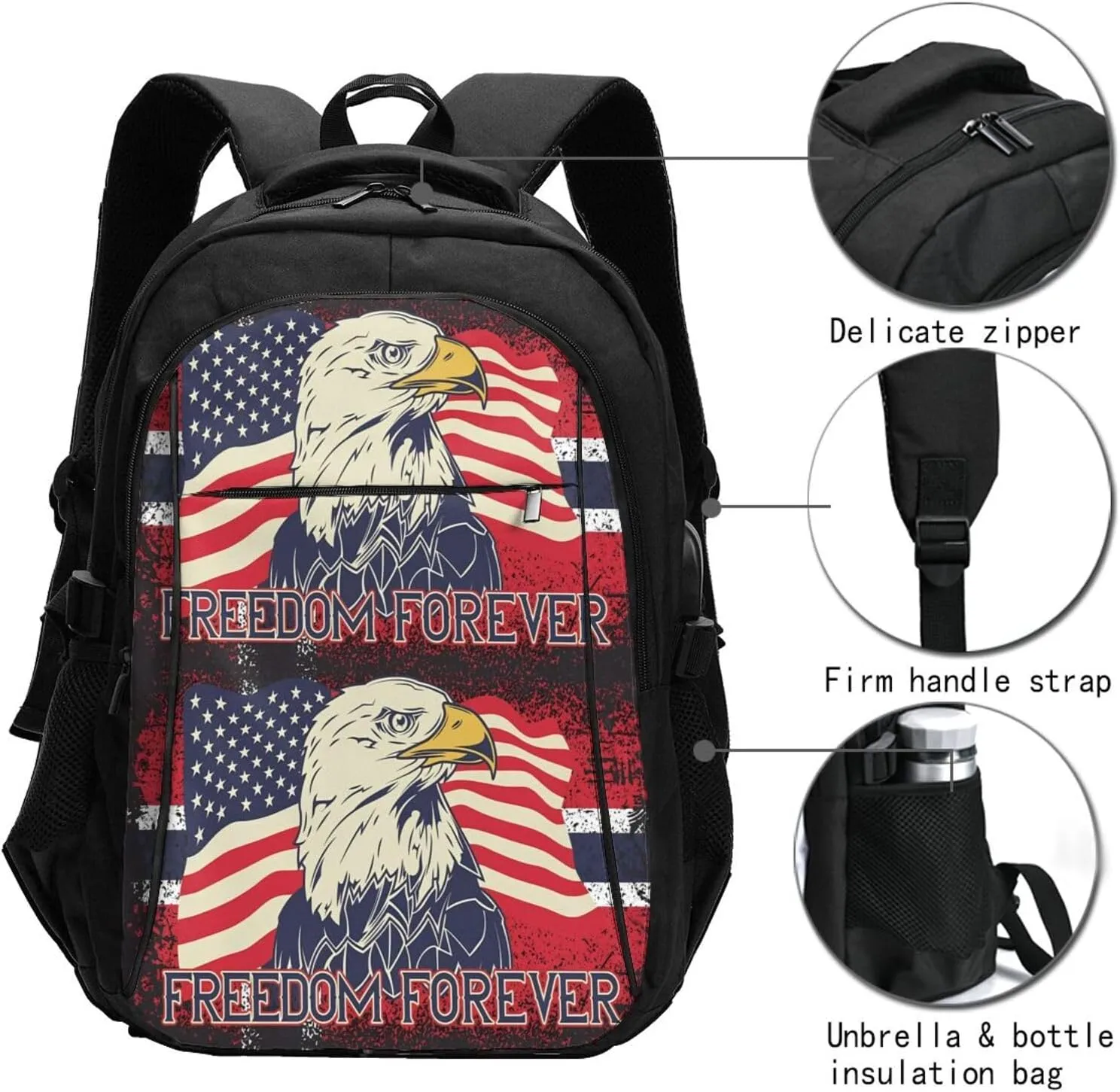 American Flag Eagle Freedom Forever Travel Backpack Laptop Backpacks Business Rucksack Outdoor Daypack Large Sport Bag with Luggage Strap USB Charging Port for Hiking Working