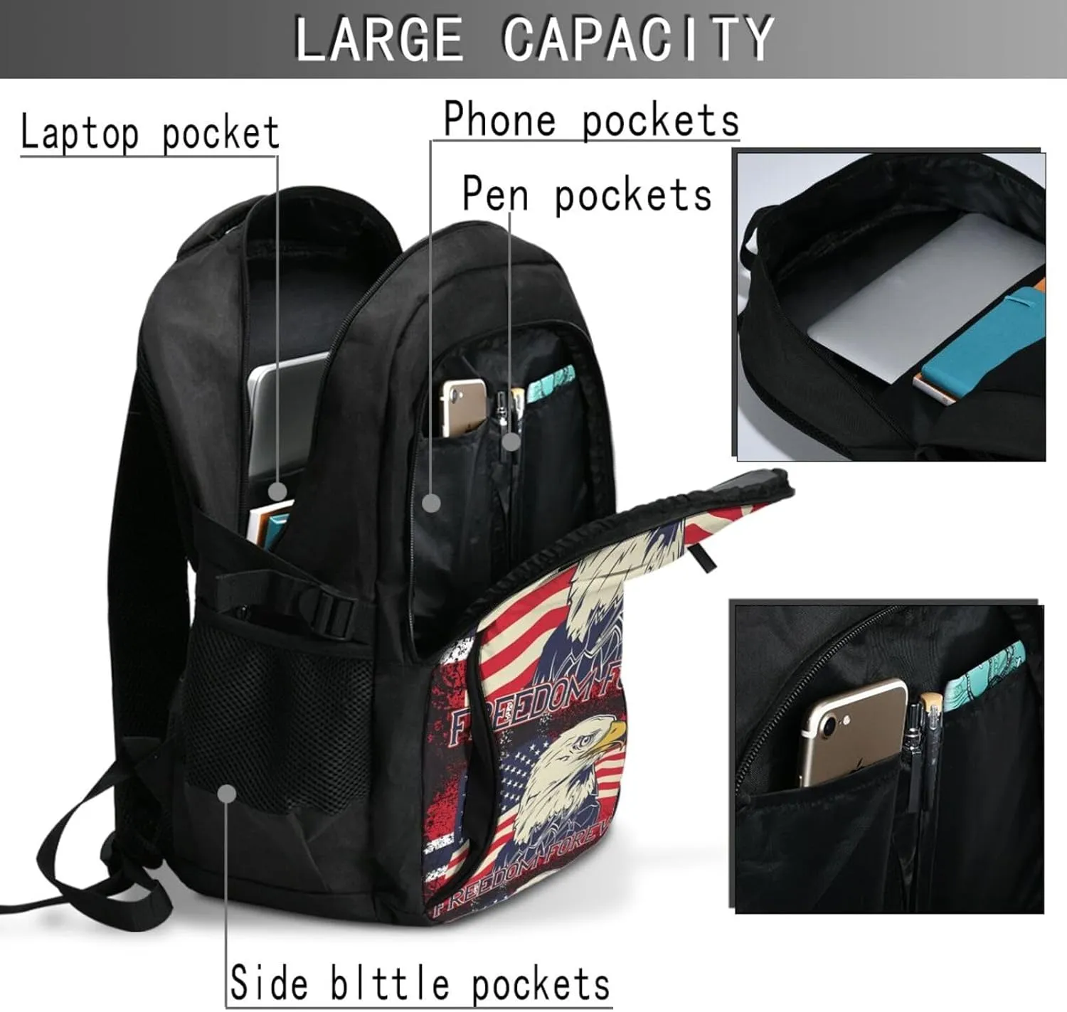 American Flag Eagle Freedom Forever Travel Backpack Laptop Backpacks Business Rucksack Outdoor Daypack Large Sport Bag with Luggage Strap USB Charging Port for Hiking Working