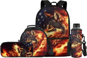 American Flag Wolf Backpack for Girls Kids School Bag and Lunch Box Pencil Case Water Bottle Holder 4 Piece Boys School Daypack Travel Bag Satchel Bagpack Back to School Supplies