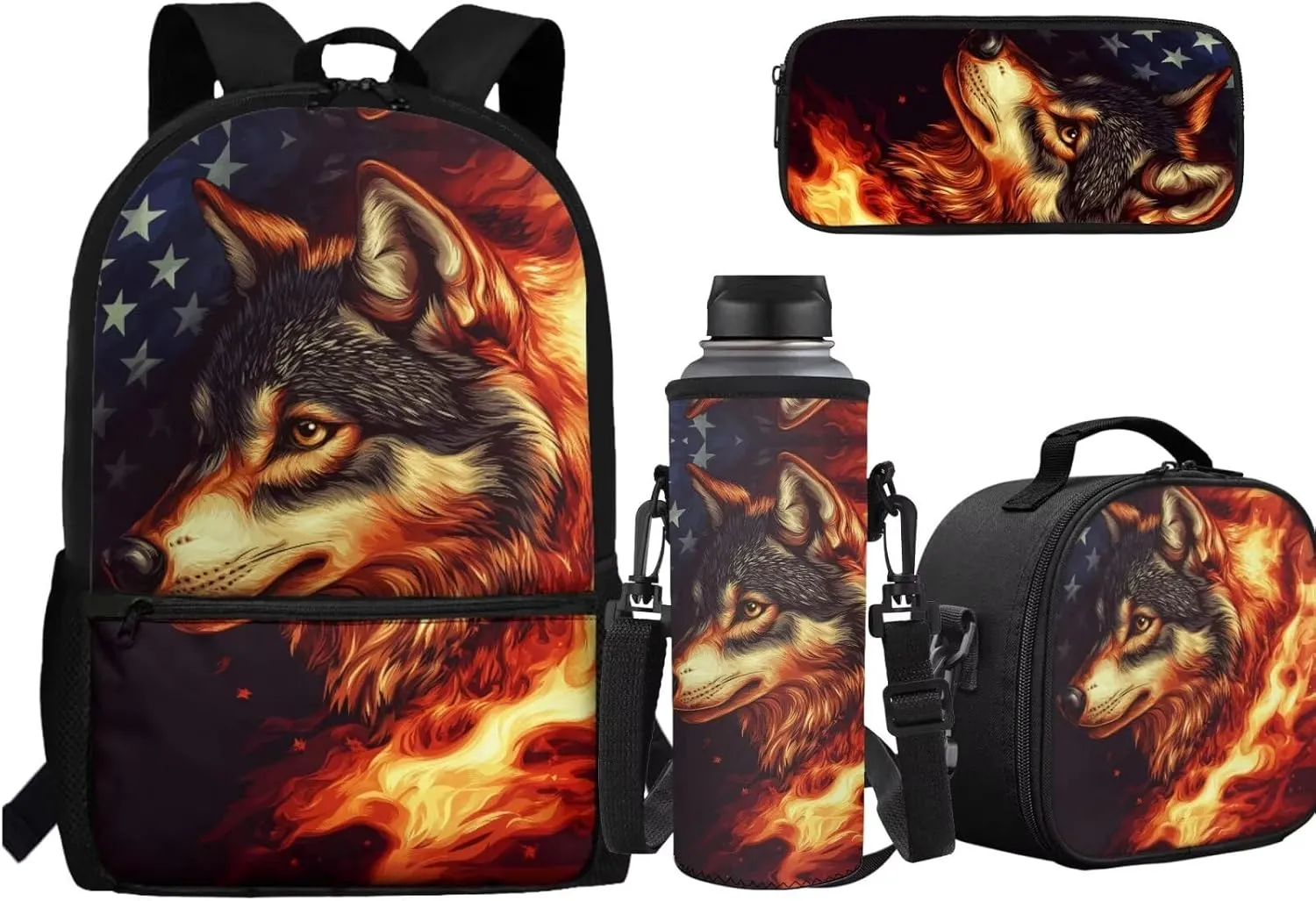 American Flag Wolf Backpack for Girls Kids School Bag and Lunch Box Pencil Case Water Bottle Holder 4 Piece Boys School Daypack Travel Bag Satchel Bagpack Back to School Supplies