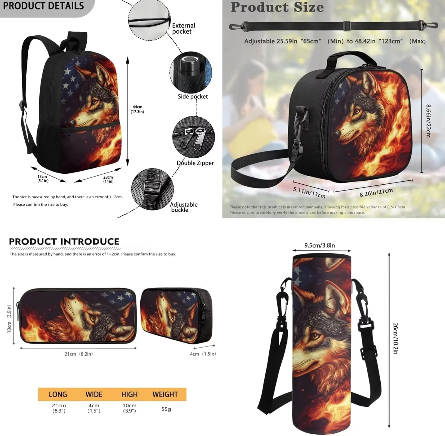 American Flag Wolf Backpack for Girls Kids School Bag and Lunch Box Pencil Case Water Bottle Holder 4 Piece Boys School Daypack Travel Bag Satchel Bagpack Back to School Supplies