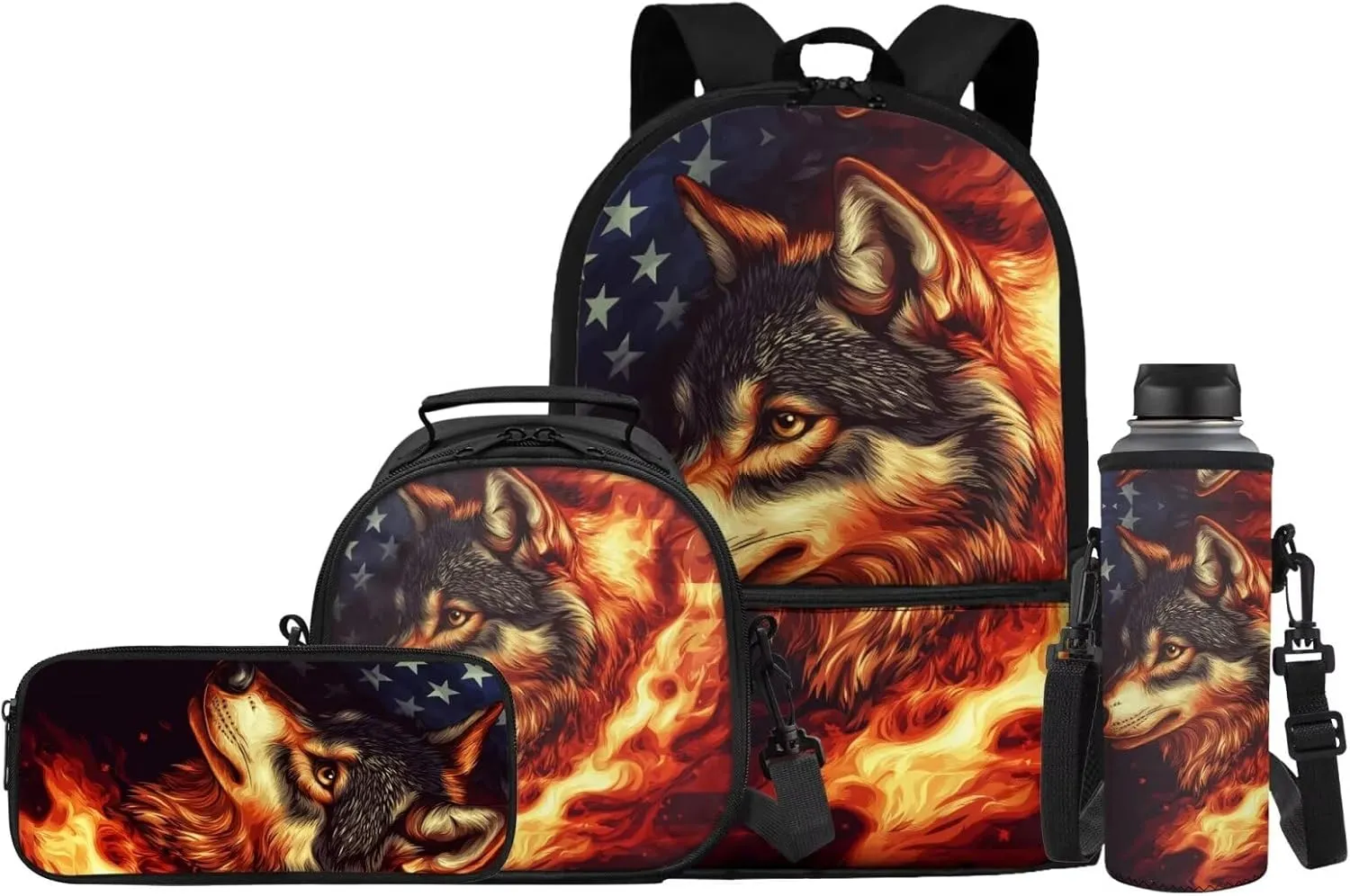 American Flag Wolf Backpack for Girls Kids School Bag and Lunch Box Pencil Case Water Bottle Holder 4 Piece Boys School Daypack Travel Bag Satchel Bagpack Back to School Supplies